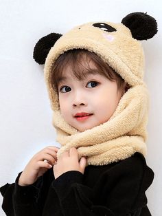 1pc Kids Fleece Lined Hat With Scarf All-In-One, Panda Beanie Hat For Boys And Girls Winter Beige Casual   Polyester  Knit Hat   Kids Accessories, size features are:Bust: ,Length: ,Sleeve Length: Knitted Hats Kids, Children Cartoon, Kids Fleece, Fleece Hat, Animal Hats, Bear Hat, Bear Ears, Winter Kids, Baby Warmer