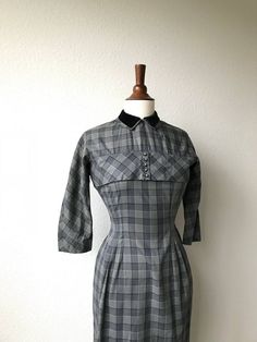 Amazing one of a kind dressDouble collar, top part is velvetButton detail on chest panelPerfect condition Vintage Plaid Workwear Dress, Vintage Fitted Gray Dresses, Fitted Vintage Gray Dress, Fitted Plaid Dress With Buttons For Work, Formal Fitted Plaid Dress, Vintage Plaid Dress For Work, Classic Fitted Plaid Dress With Buttons, Fitted Vintage Plaid Dress With Buttons, Blue Plaid Dress