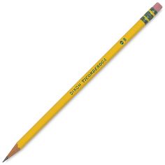 a pencil that is yellow and has writing on the side, with an eraser in it