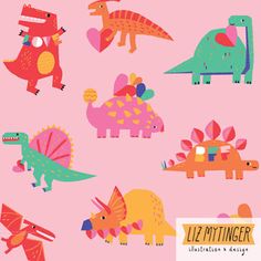 a pink background with different types of dinosaurs and hearts on the back of it