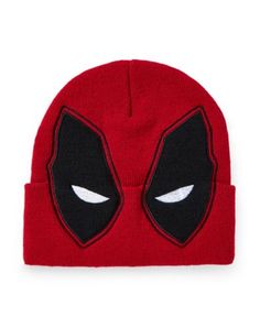 a red deadpool beanie with white eyes