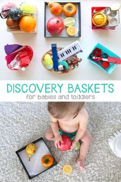 a baby sitting on the floor in front of an assortment of food