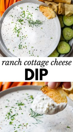 ranch cottage cheese dip in a bowl with crackers and cucumbers