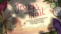 the title for jesus's tail written in red ink on a wall with cartoon characters