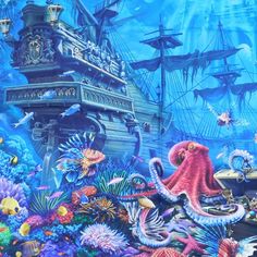 an underwater scene with octopuses and ships