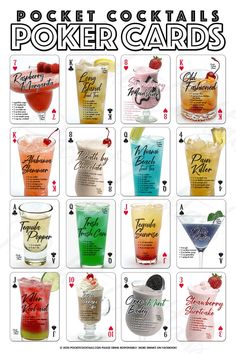 the poker cards have different types of drinks in them and are labeled with their names