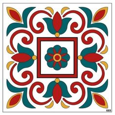 a square design with red, blue and yellow flowers in the center on a white background