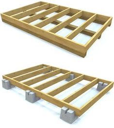 two wooden pallets sitting side by side on top of each other with metal legs