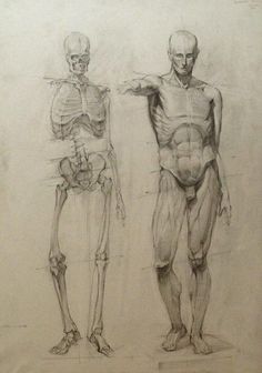 two human figures standing next to each other with one pointing at the skeleton on his arm