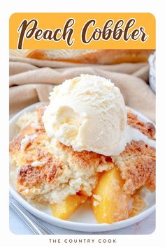 peach cobbler with ice cream on top in a white bowl next to a fork