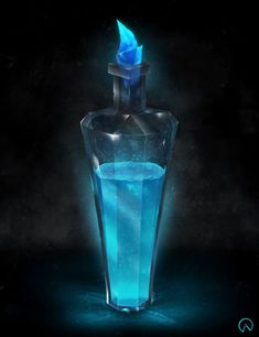 a blue glass with water in it on a black background and some light coming from the top