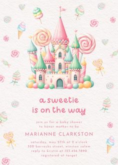 a pink castle with candy and lollipops is on the way for this sweet baby shower