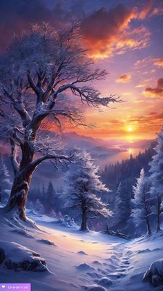 a painting of a snowy landscape with trees in the foreground and sunset in the background