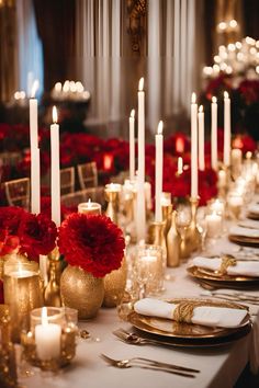 a long table with candles and red flowers on it is set for a formal dinner