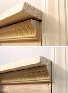 two pictures of the top and bottom corner of a wooden window sill, with wood slats