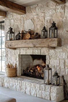 Over Grouted Rock Fireplace, Old Beam Fireplace Mantle, Fireplace Backsplash Stone, Elegant Brick Fireplace, Stone Fireplace Aesthetic, Fireplace With Long Hearth, White Mortar Brick Fireplace, Plaster Stone Fireplace, Long Hearth Fireplace