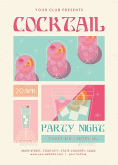 a poster for a cocktail party with pink and blue colors