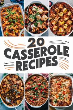 20 different casserole recipes in various ceramic dishes, topped with ingredients like cheese, herbs, and vegetables. Best Easy Casseroles, Pot Luck Casseroles, Casserole Recipe, Fall Casseroles, Holiday Casseroles, Lasagna Casserole, Yummy Casserole Recipes, Ranch Chicken Casserole, Vegetarian Casserole