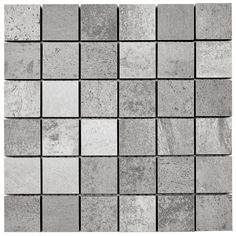 a gray and white tiled wall with squares