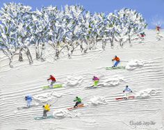 a group of people riding skis down a snow covered slope