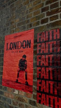 two posters on a brick wall that say london, faith and faith with the image of a man holding a baseball bat