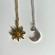 A set of two necklaces! One in gold with a sun charm and one in silver with a moon charm Sun And Moon Accessories, Moon And Sun Jewelry, Oliver Core, Sun And Moon Jewelry, Swaggy Fits, 90s Whimsigoth, Summertime Vibes, Sun And Moon Necklace, Matching Jewellery