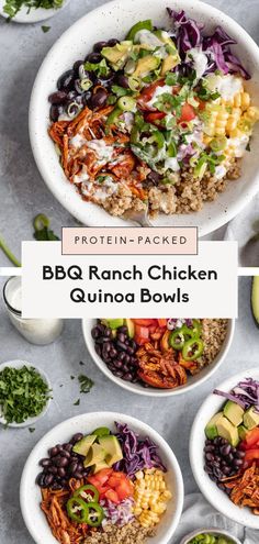 two bowls filled with different types of food and the words bbq ranch chicken quinoa bowls