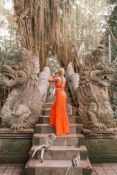 a woman in an orange dress standing on some steps with two cats and one dog