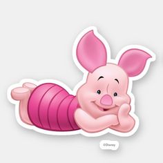 a cartoon pig laying on its back with pink hair and tail, smiling at the camera