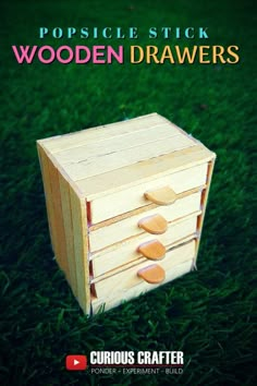 a wooden drawer sitting on top of grass with the title popsicle stick wooden drawers