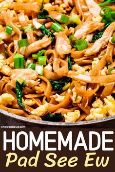 homemade pad see ew stir fry with chicken and spinach in a skillet