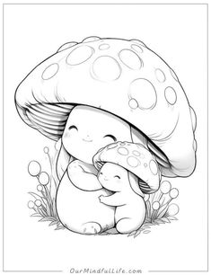 an adult and baby elephant hugging under a mushroom