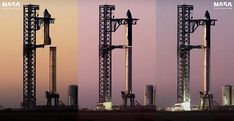 three different views of an industrial area at dusk and dawn with the moon in the distance