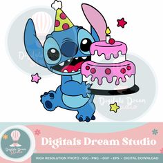 a digital drawing of a cartoon character holding a birthday cake with the words digitals dream studio on it