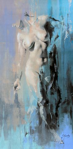 an abstract painting of a nude woman with blue and pink colors on the back ground