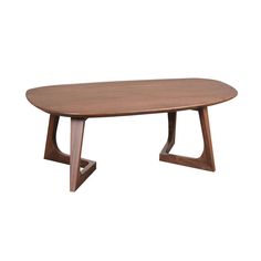 an oval wooden table with two triangular legs and a wood top, against a white background