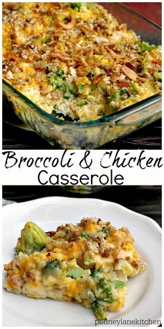 broccoli and chicken casserole is shown in two different dishes with the same toppings