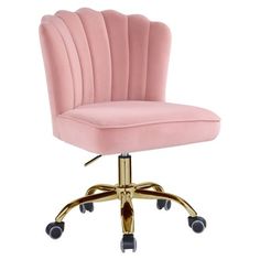 a pink velvet office chair with gold wheels