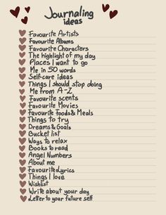 a list with hearts and the words journaling ideas