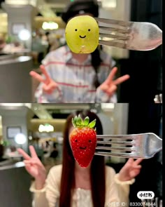 a woman holding a fork with a smiley face on it's head and an apple attached to the fork