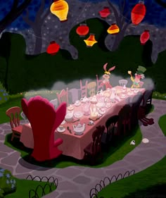 an animated image of a table set up for a tea party in the woods at night