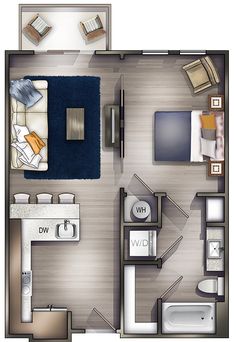 the floor plan for a studio apartment with one bed, two bath and living room