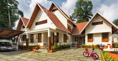 a house with a bicycle parked in front of it