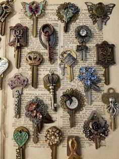 an open book with lots of different keys on it's pages, including one that is shaped like a key