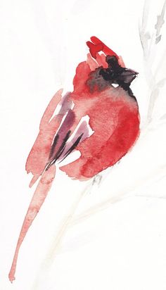 a watercolor painting of a red bird sitting on a branch