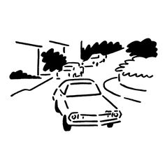 a black and white drawing of a car driving down the road