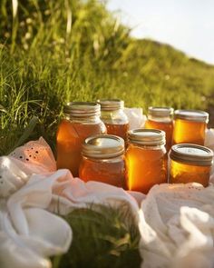 several jars filled with honey sit on the grass