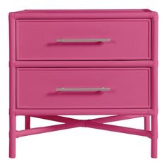 a pink nightstand with two drawers on each side and one drawer open to reveal the bottom