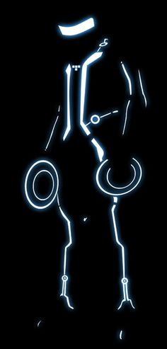 a neon drawing of a man with a hat and cane on his head, standing in front of a black background