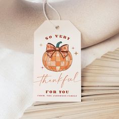 a thank card with a pumpkin on it and the words so very grateful for you